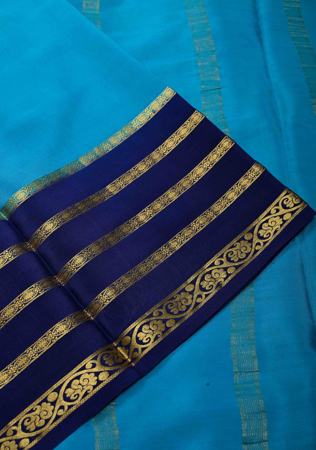 Rani Pink Mysore Silk Saree with Anand Blue Panel and Contrast Stripes Zari Border in KSIC Grade Thickness | SILK MARK CERTIFIED