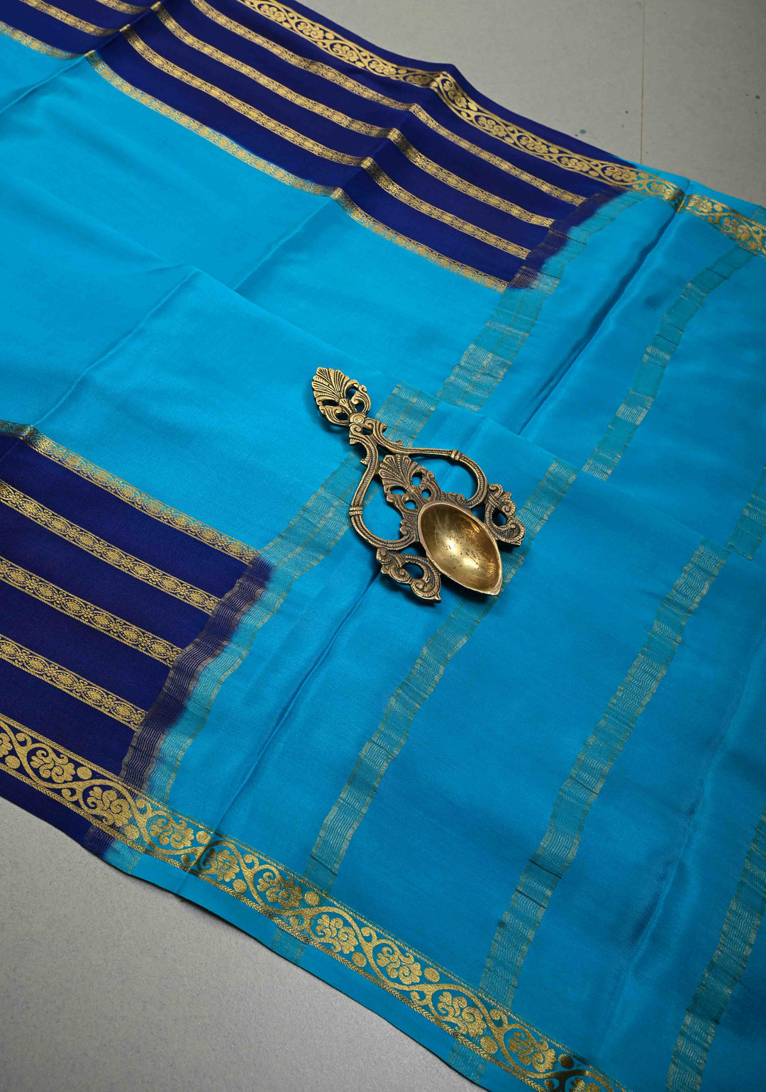 Rani Pink Mysore Silk Saree with Anand Blue Panel and Contrast Stripes Zari Border in KSIC Grade Thickness | SILK MARK CERTIFIED