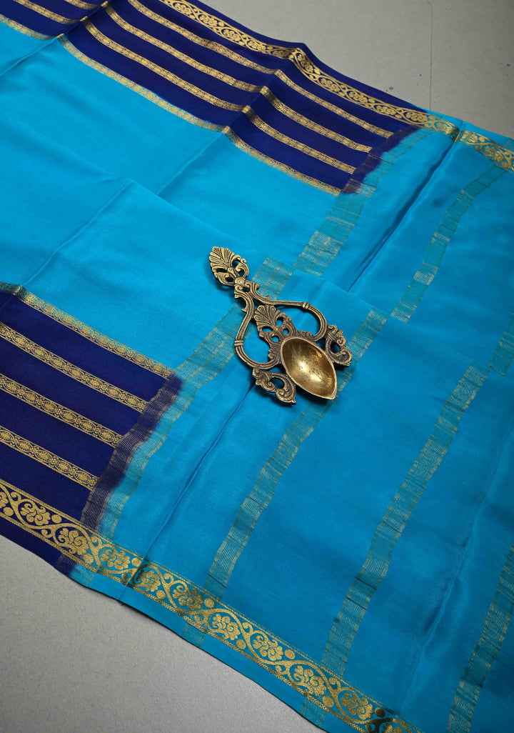 Rani Pink Mysore Silk Saree with Anand Blue Panel and Contrast Stripes Zari Border in KSIC Grade Thickness | SILK MARK CERTIFIED