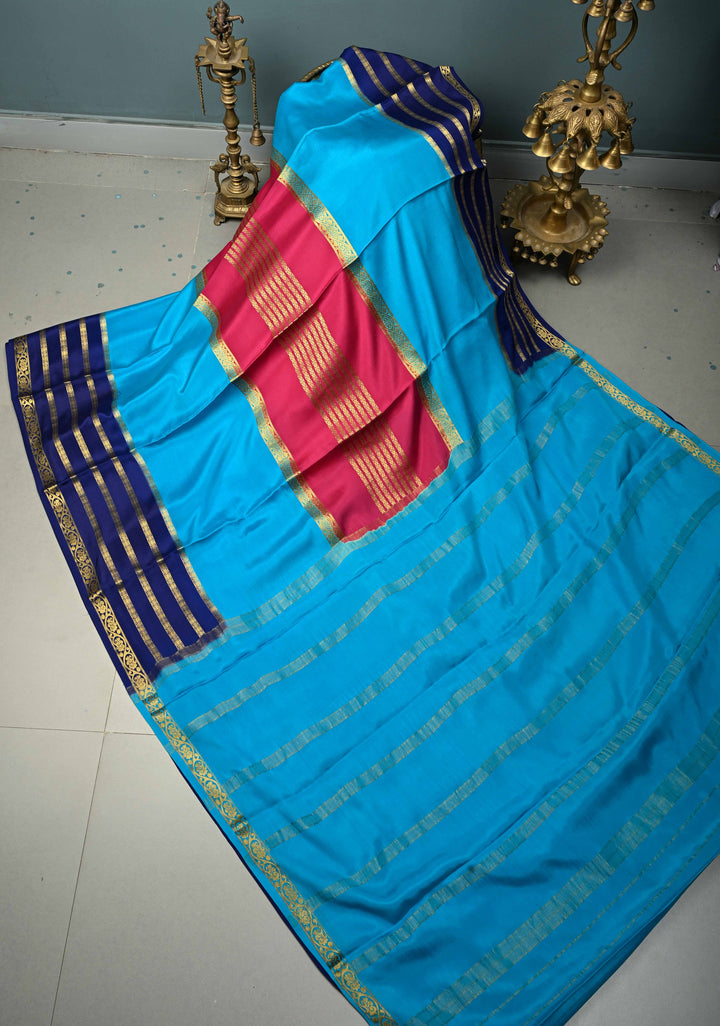 Rani Pink Mysore Silk Saree with Anand Blue Panel and Contrast Stripes Zari Border in KSIC Grade Thickness | SILK MARK CERTIFIED