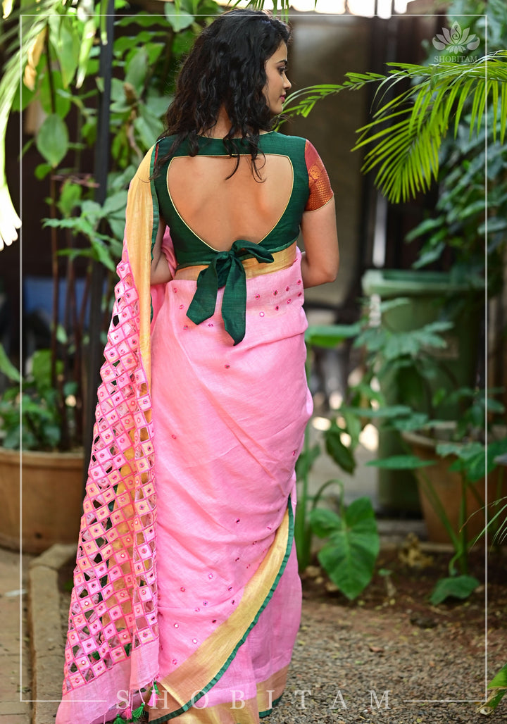 Jaali Pallu - Cutwork and Mirrorwork Saree in Linen by Linen, Carnation Pink Color | Sarees by Shobitam