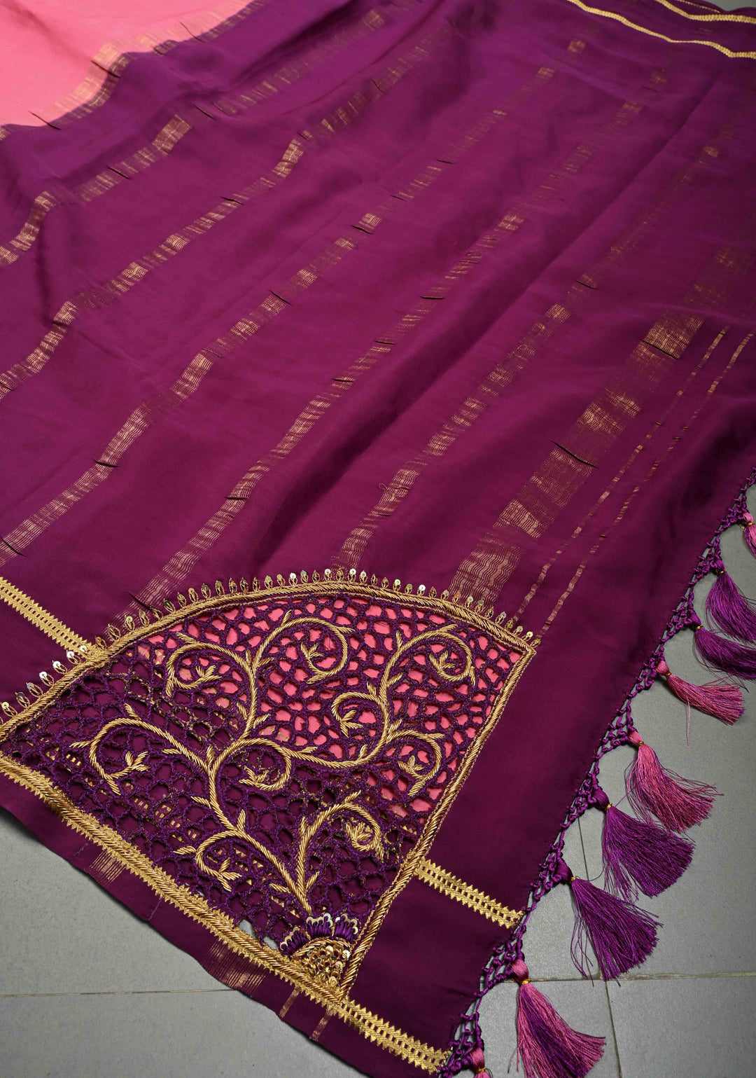 Rose Pink Pure Mysore Silk Saree with Cutwork Jaal, Zardosi Hand Work and Contrast Rettaipet Zari Border  | SILK MARK CERTIFIED | SHOBITAM