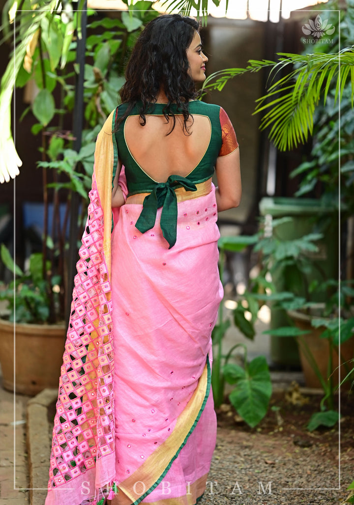 Jaali Pallu - Cutwork and Mirrorwork Saree in Linen by Linen, Carnation Pink Color | Sarees by Shobitam