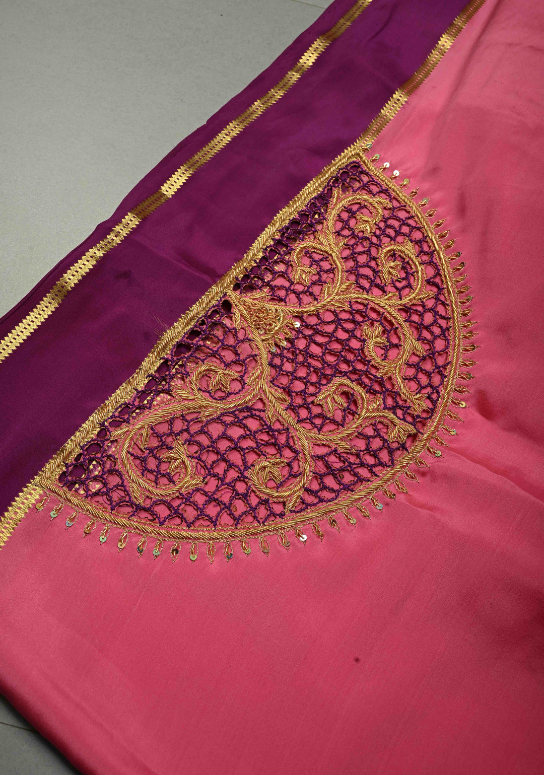 Rose Pink Pure Mysore Silk Saree with Cutwork Jaal, Zardosi Hand Work and Contrast Rettaipet Zari Border  | SILK MARK CERTIFIED | SHOBITAM