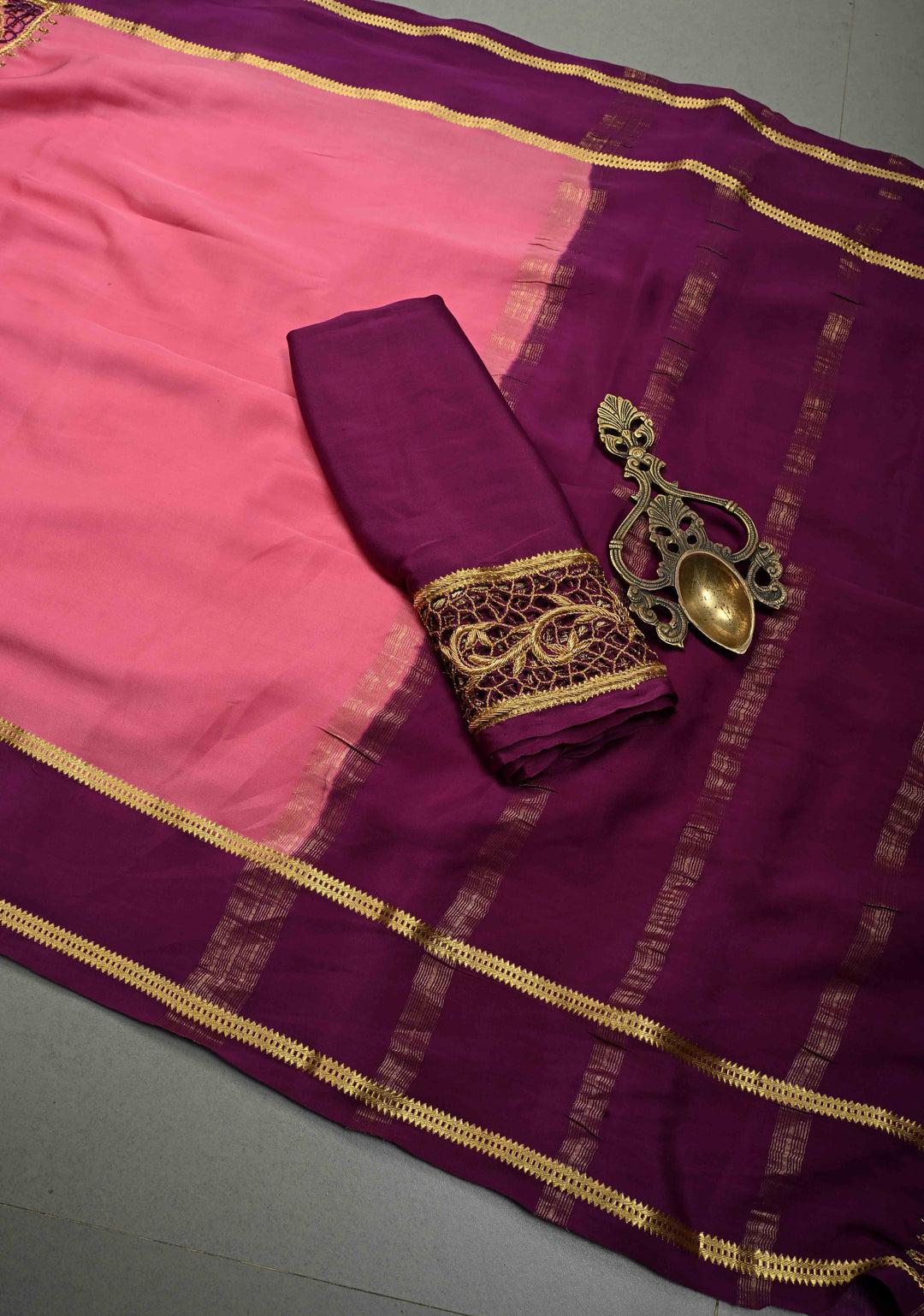 Rose Pink Pure Mysore Silk Saree with Cutwork Jaal, Zardosi Hand Work and Contrast Rettaipet Zari Border  | SILK MARK CERTIFIED | SHOBITAM