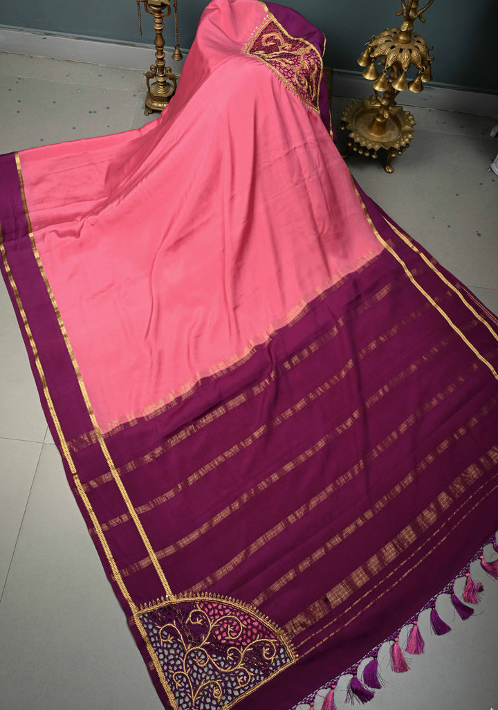 Rose Pink Pure Mysore Silk Saree with Cutwork Jaal, Zardosi Hand Work and Contrast Rettaipet Zari Border  | SILK MARK CERTIFIED | SHOBITAM