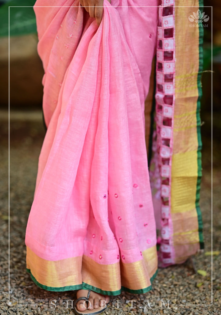 Jaali Pallu - Cutwork and Mirrorwork Saree in Linen by Linen, Carnation Pink Color | Sarees by Shobitam