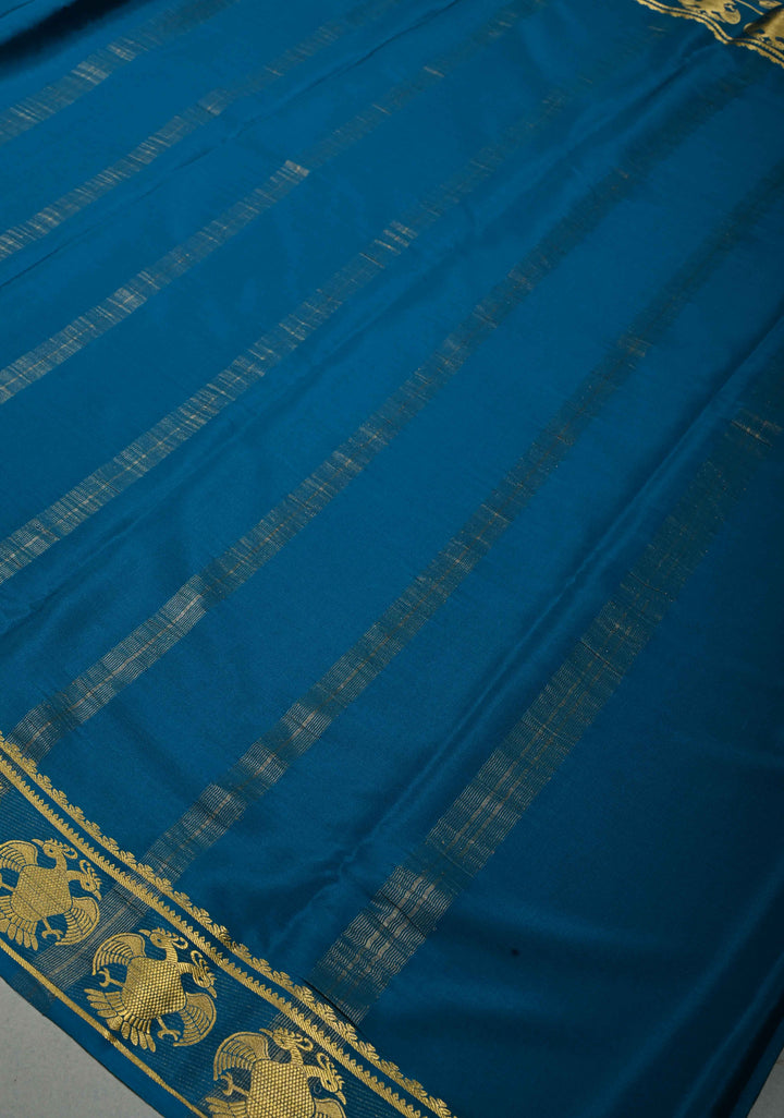 Copper Sulphate Blue Mysore Silk Saree with Gandaberunda Buttas on Minimal Border | SILK MARK CERTIFIED | SHOBITAM