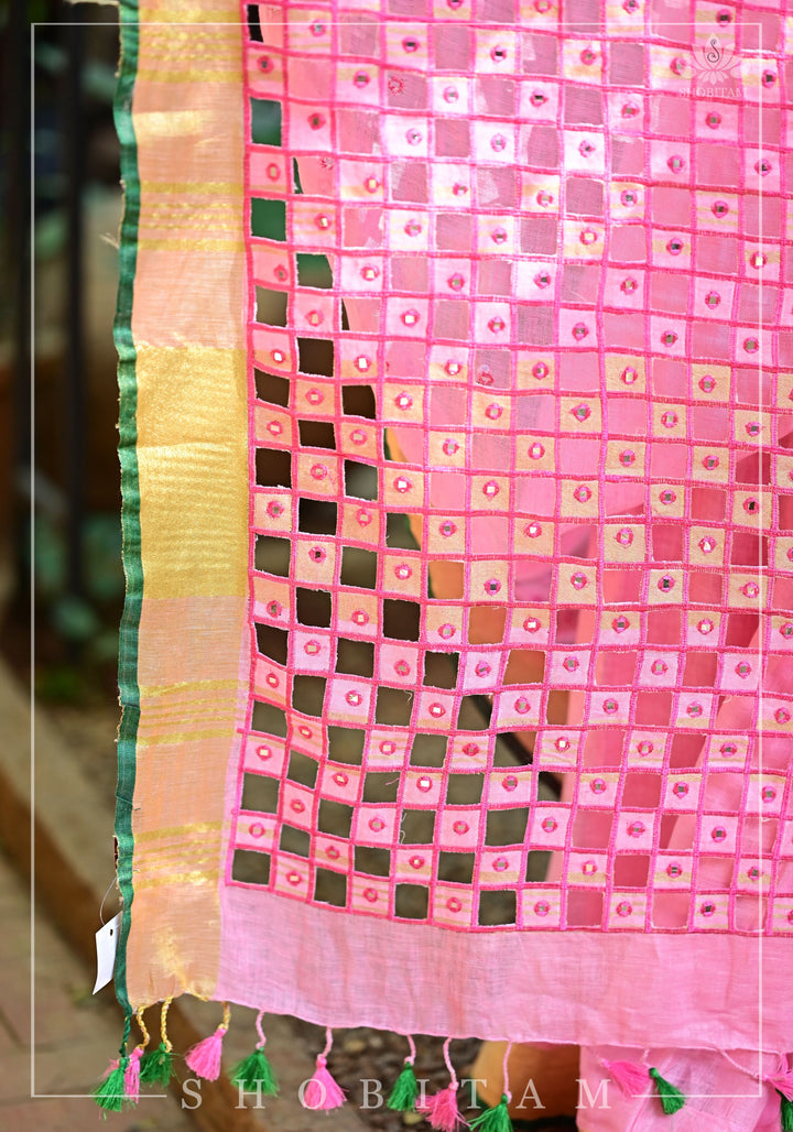 Jaali Pallu - Cutwork and Mirrorwork Saree in Linen by Linen, Carnation Pink Color | Sarees by Shobitam