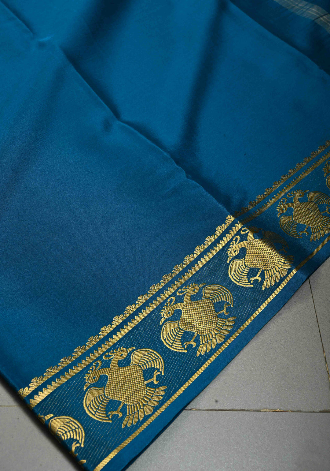 Copper Sulphate Blue Mysore Silk Saree with Gandaberunda Buttas on Minimal Border | SILK MARK CERTIFIED | SHOBITAM