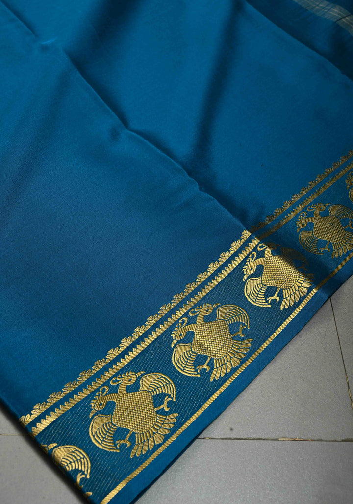 Copper Sulphate Blue Mysore Silk Saree with Gandaberunda Buttas on Minimal Border | SILK MARK CERTIFIED | SHOBITAM
