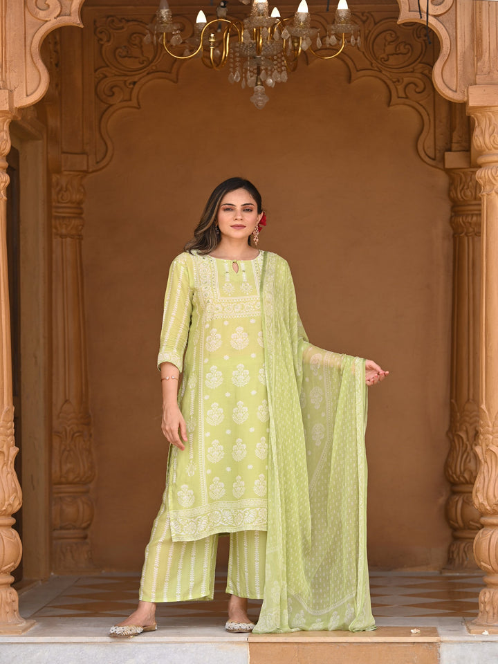 Pastel Green Muslin Suit Set with chiffon Dupatta - SET OF-3 | SHOBITAM