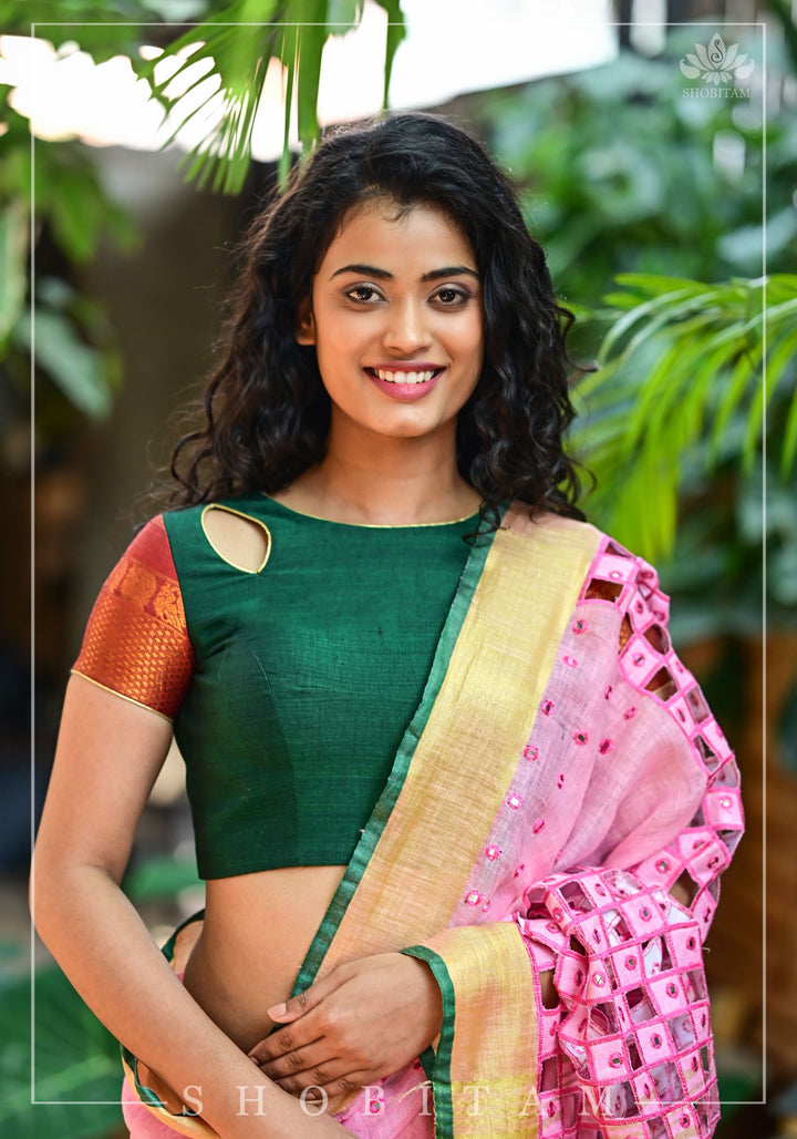 Forest green narayanpet cotton close neck cutout blouse with tie back