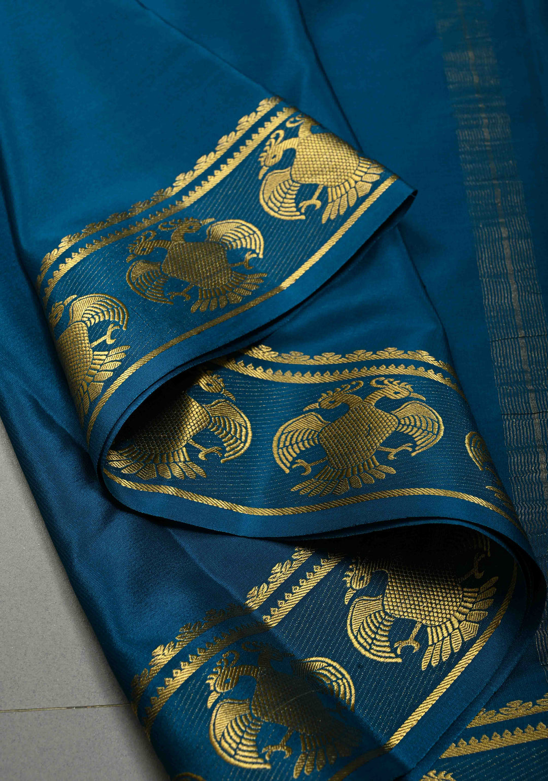 Copper Sulphate Blue Mysore Silk Saree with Gandaberunda Buttas on Minimal Border | SILK MARK CERTIFIED | SHOBITAM