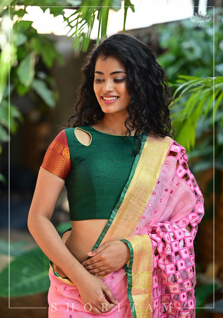 Forest green narayanpet cotton close neck cutout blouse with tie back