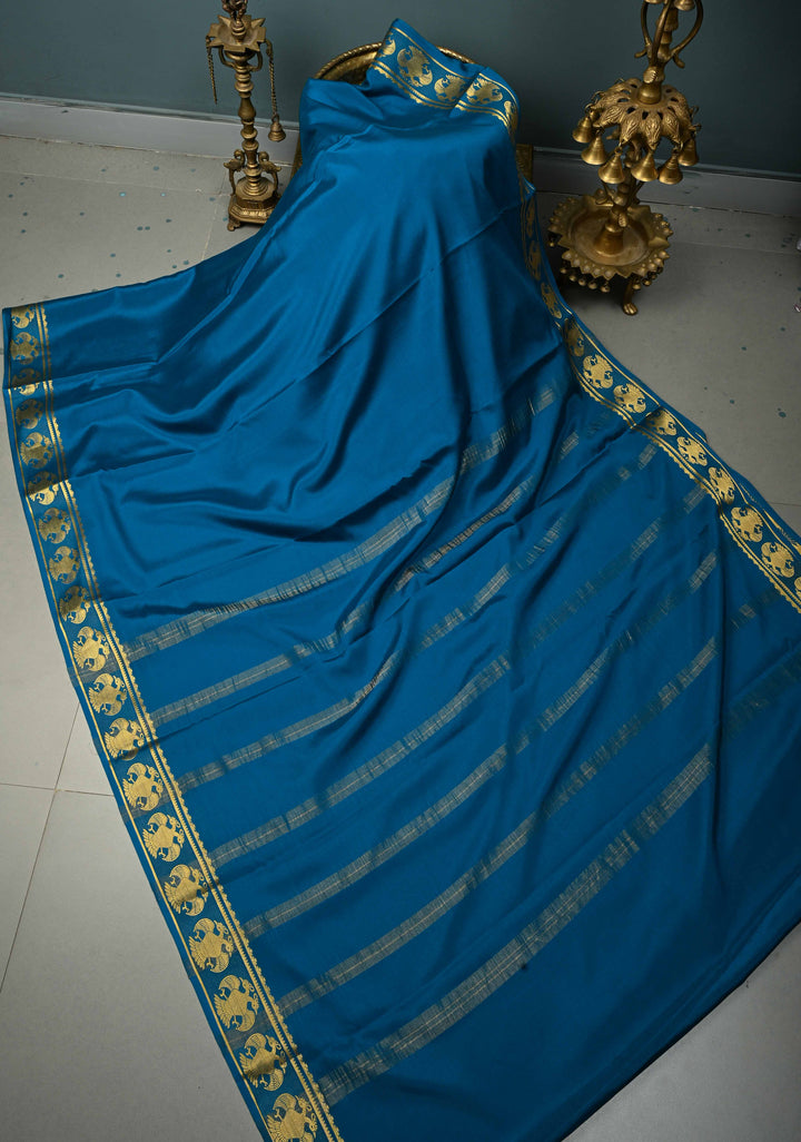 Copper Sulphate Blue Mysore Silk Saree with Gandaberunda Buttas on Minimal Border | SILK MARK CERTIFIED | SHOBITAM