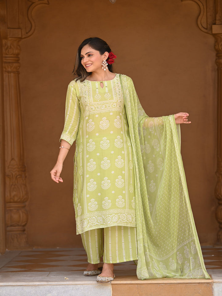 Pastel Green Muslin Suit Set with chiffon Dupatta - SET OF-3 | SHOBITAM