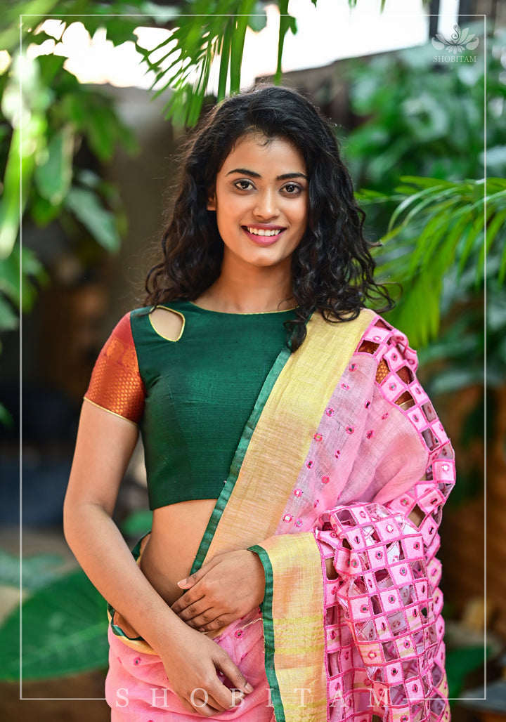 Jaali Pallu - Cutwork and Mirrorwork Saree in Linen by Linen, Carnation Pink Color | Sarees by Shobitam