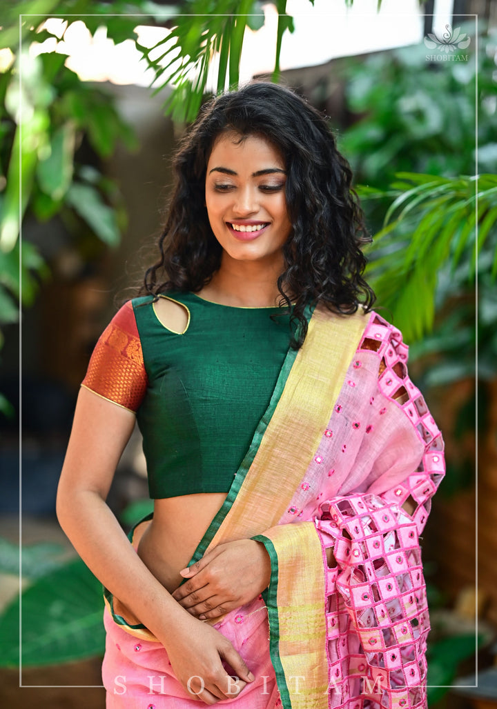 Forest green narayanpet cotton close neck cutout blouse with tie back