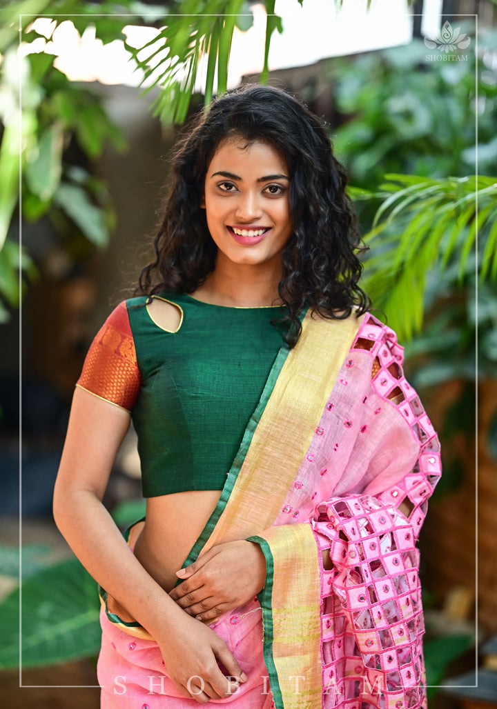 Forest green narayanpet cotton close neck cutout blouse with tie back