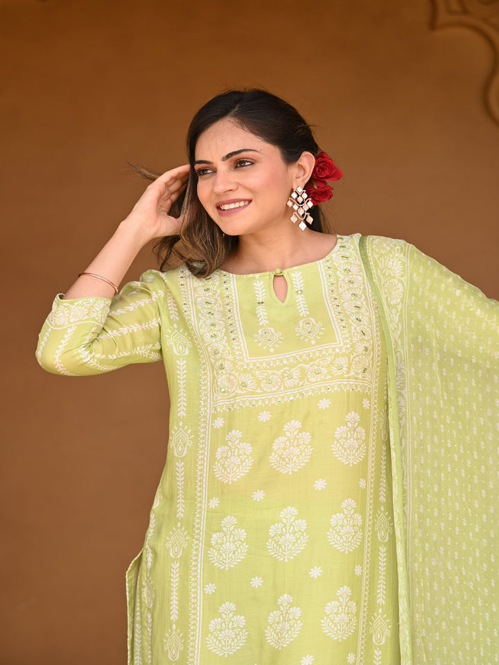 Pastel Green Muslin Suit Set with chiffon Dupatta - SET OF-3 | SHOBITAM