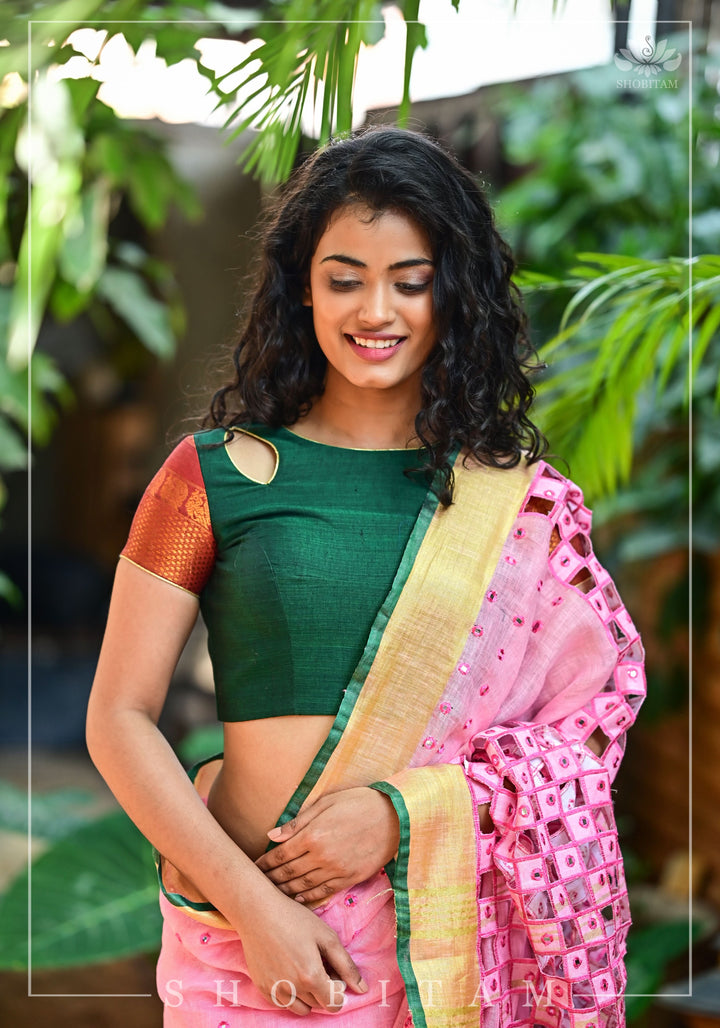 Forest green narayanpet cotton close neck cutout blouse with tie back