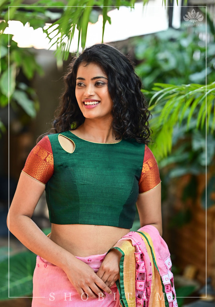 Forest green narayanpet cotton close neck cutout blouse with tie back