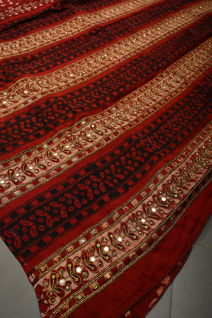 Blood Red Modal Silk Saree with Hand Block Print, Sequins, Cutdana and Hand embroidery | SHOBITAM