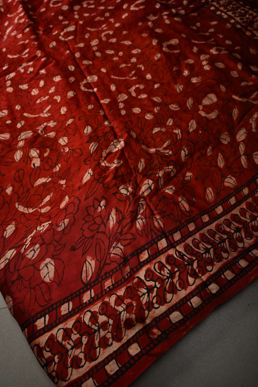 Blood Red Modal Silk Saree with Hand Block Print, Sequins, Cutdana and Hand embroidery | SHOBITAM
