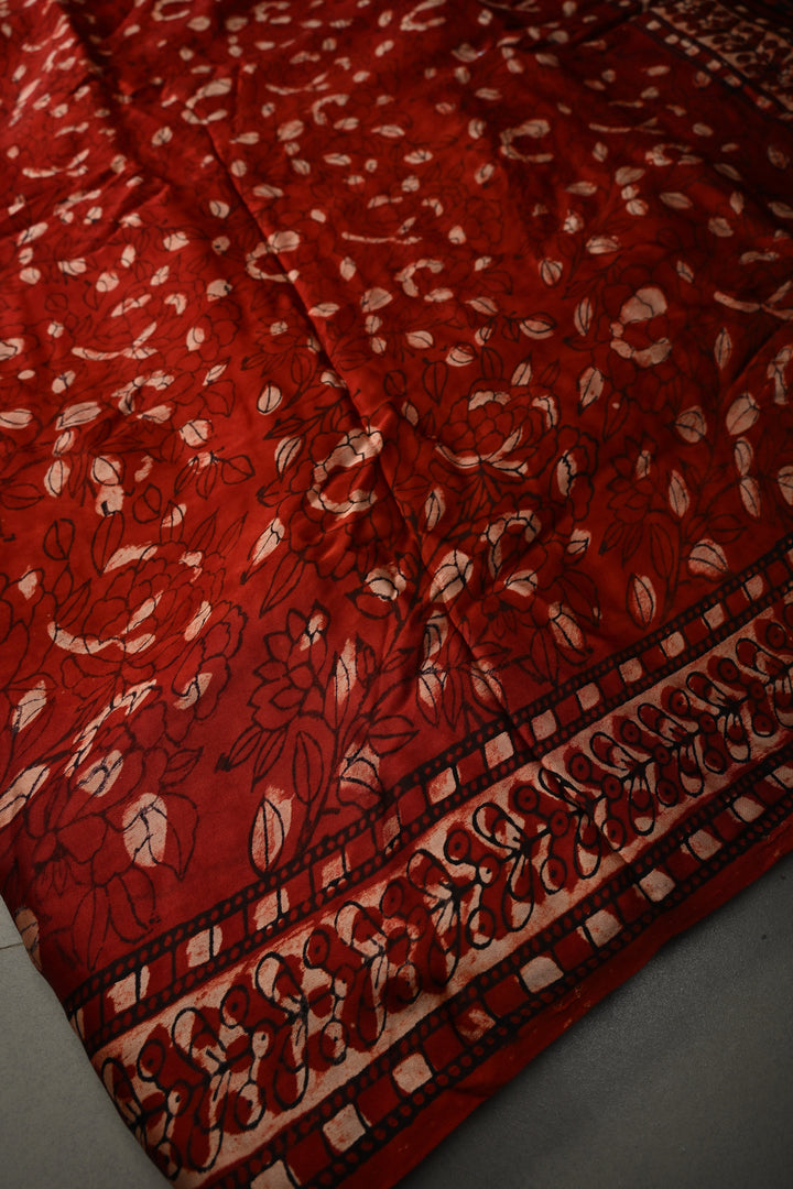Blood Red Modal Silk Saree with Hand Block Print, Sequins, Cutdana and Hand embroidery | SHOBITAM