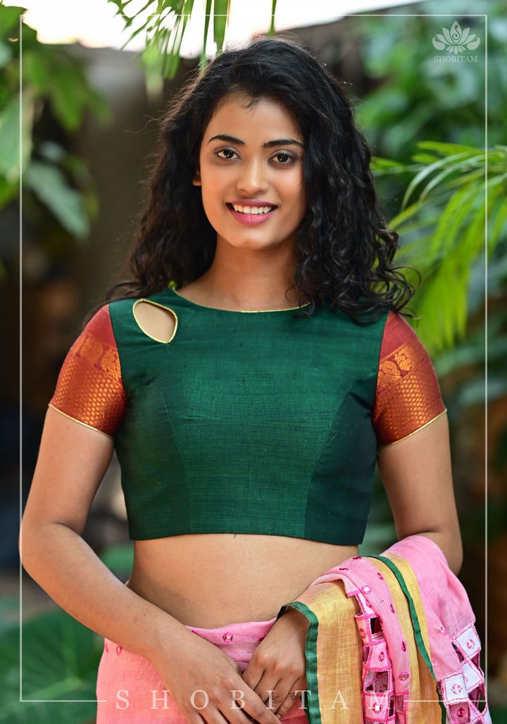 Forest green narayanpet cotton close neck cutout blouse with tie back