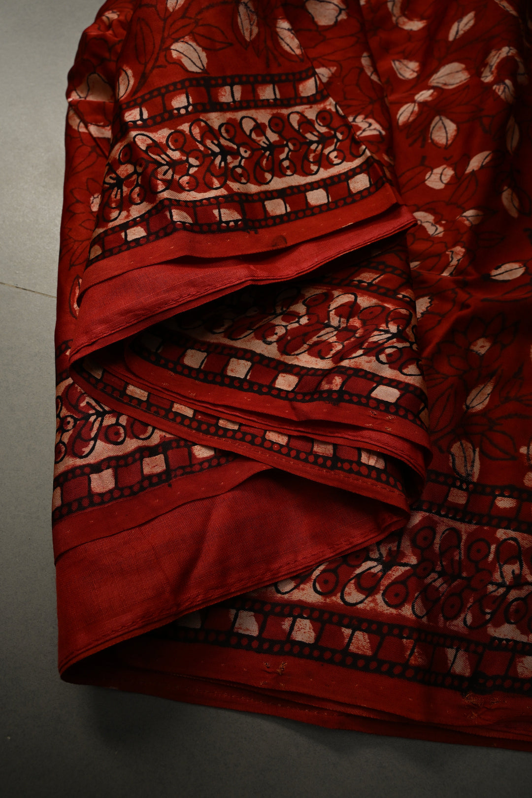 Blood Red Modal Silk Saree with Hand Block Print, Sequins, Cutdana and Hand embroidery | SHOBITAM