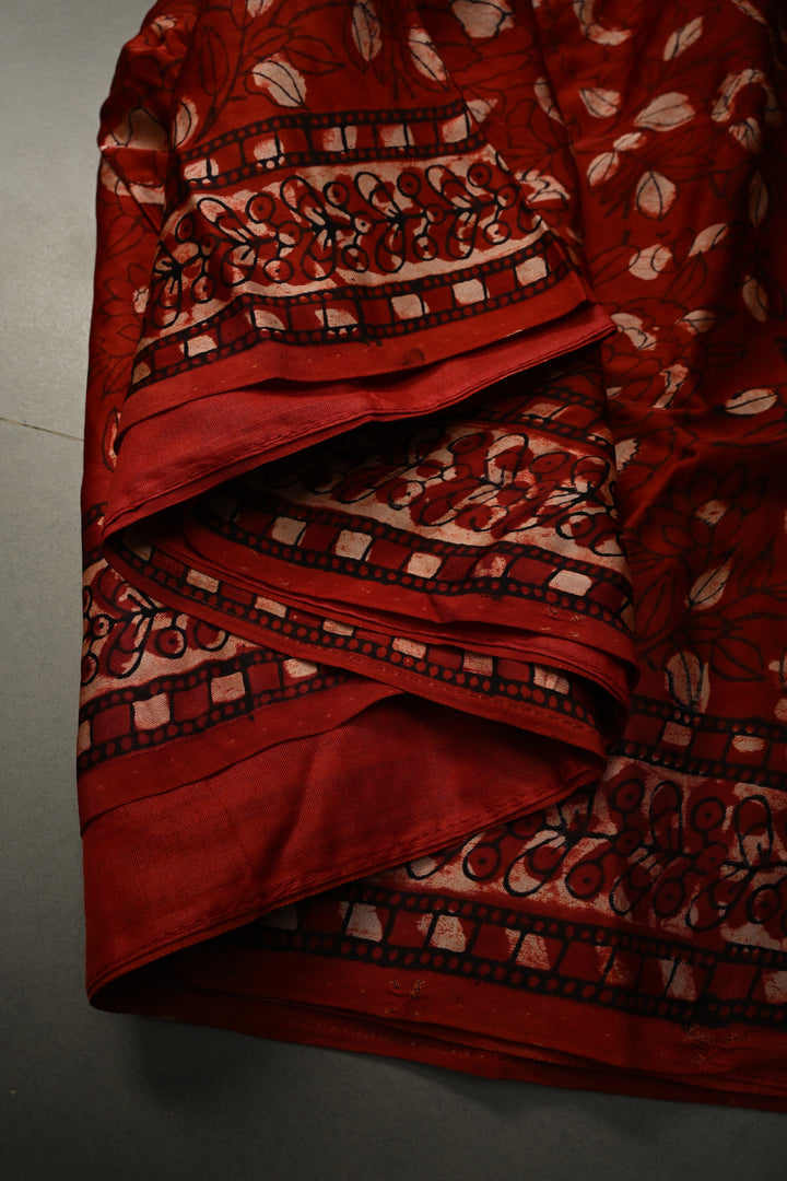 Blood Red Modal Silk Saree with Hand Block Print, Sequins, Cutdana and Hand embroidery | SHOBITAM