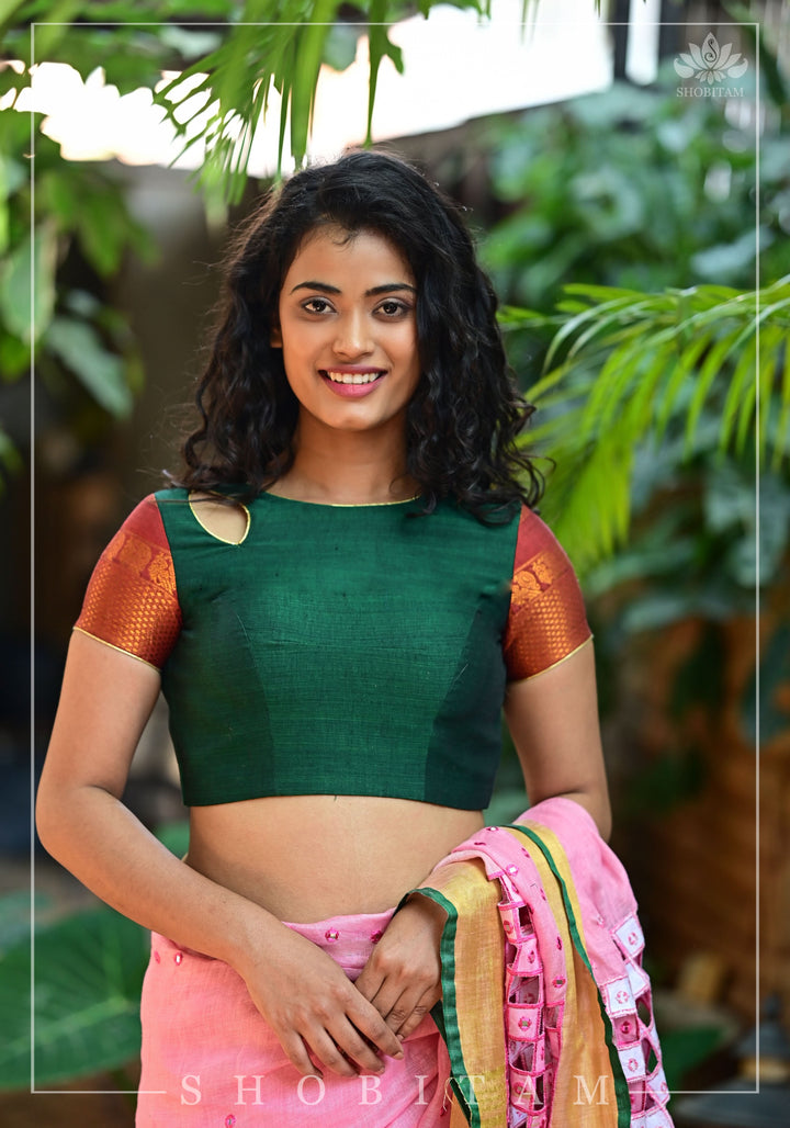 Forest green narayanpet cotton close neck cutout blouse with tie back