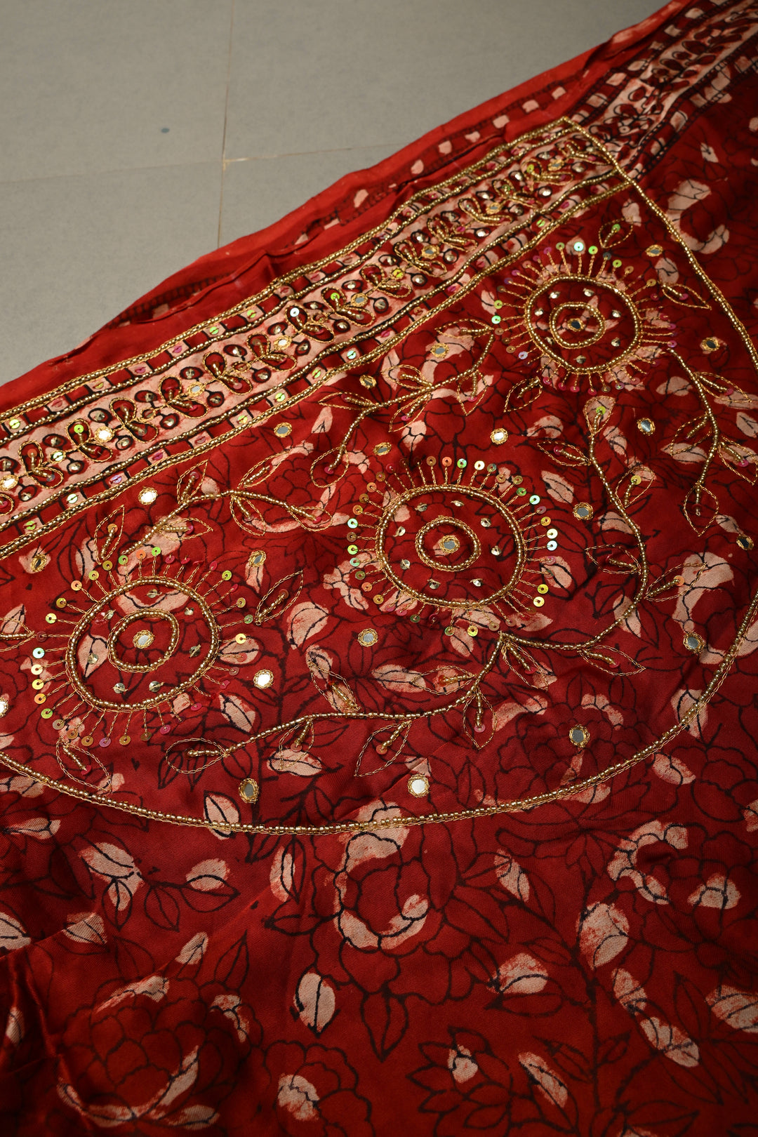 Blood Red Modal Silk Saree with Hand Block Print, Sequins, Cutdana and Hand embroidery | SHOBITAM