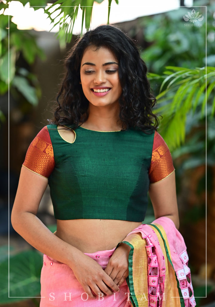 Forest green narayanpet cotton close neck cutout blouse with tie back