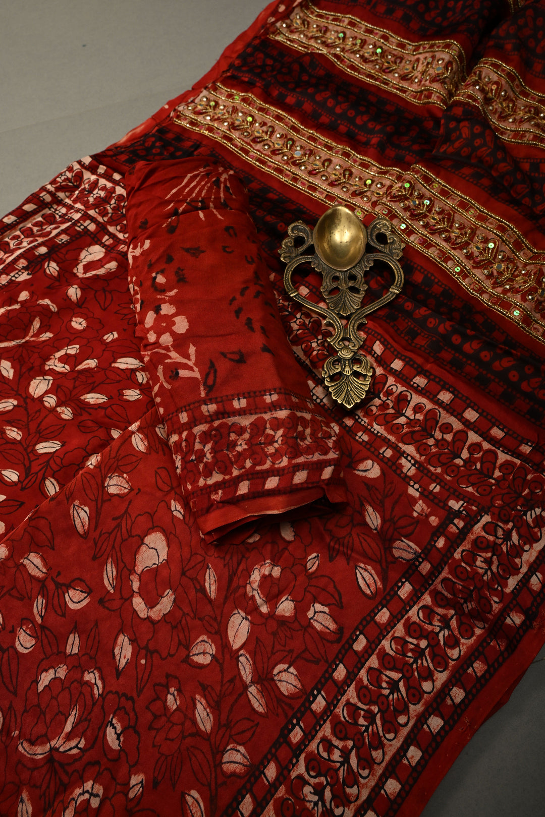 Blood Red Modal Silk Saree with Hand Block Print, Sequins, Cutdana and Hand embroidery | SHOBITAM