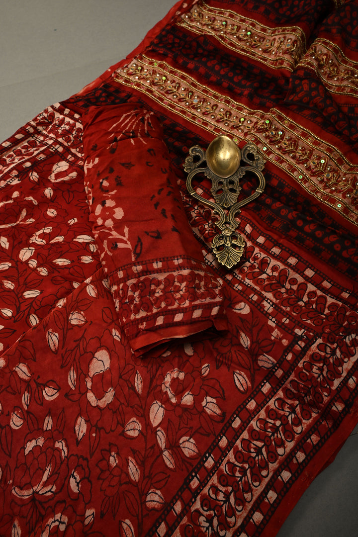 Blood Red Modal Silk Saree with Hand Block Print, Sequins, Cutdana and Hand embroidery | SHOBITAM