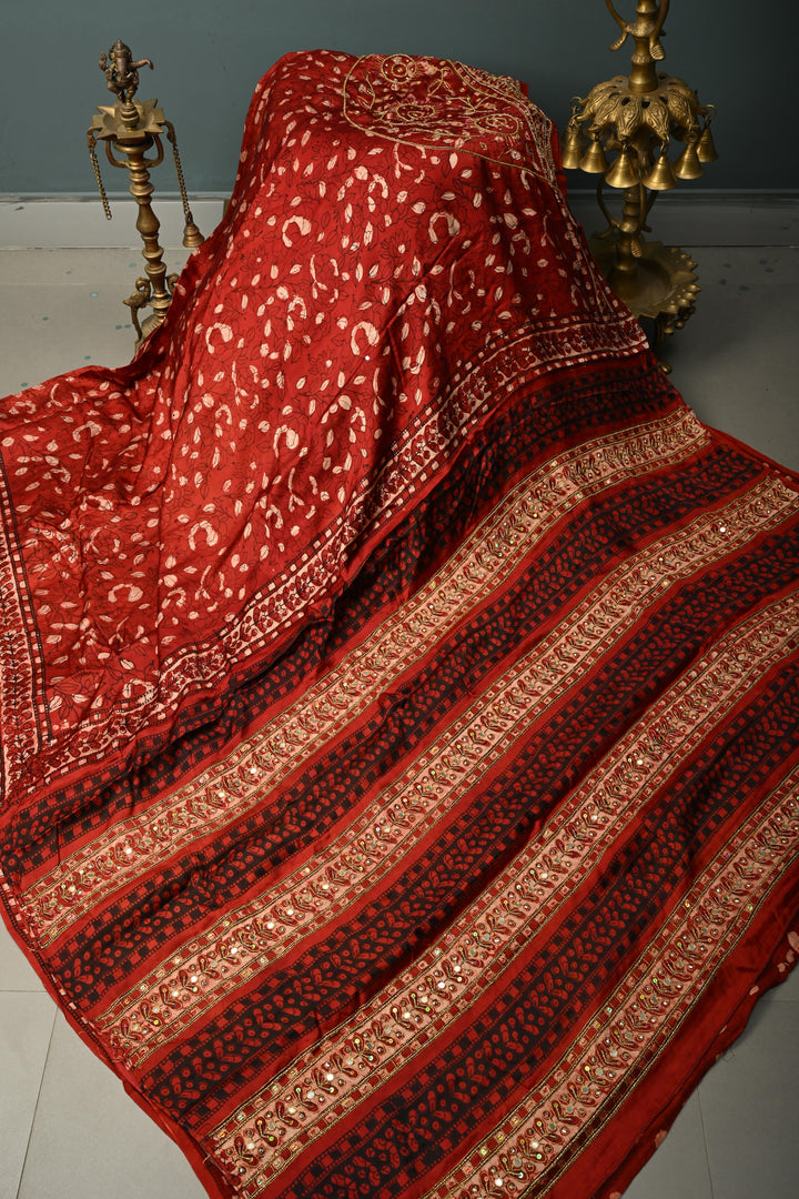 Blood Red Modal Silk Saree with Hand Block Print, Sequins, Cutdana and Hand embroidery | SHOBITAM
