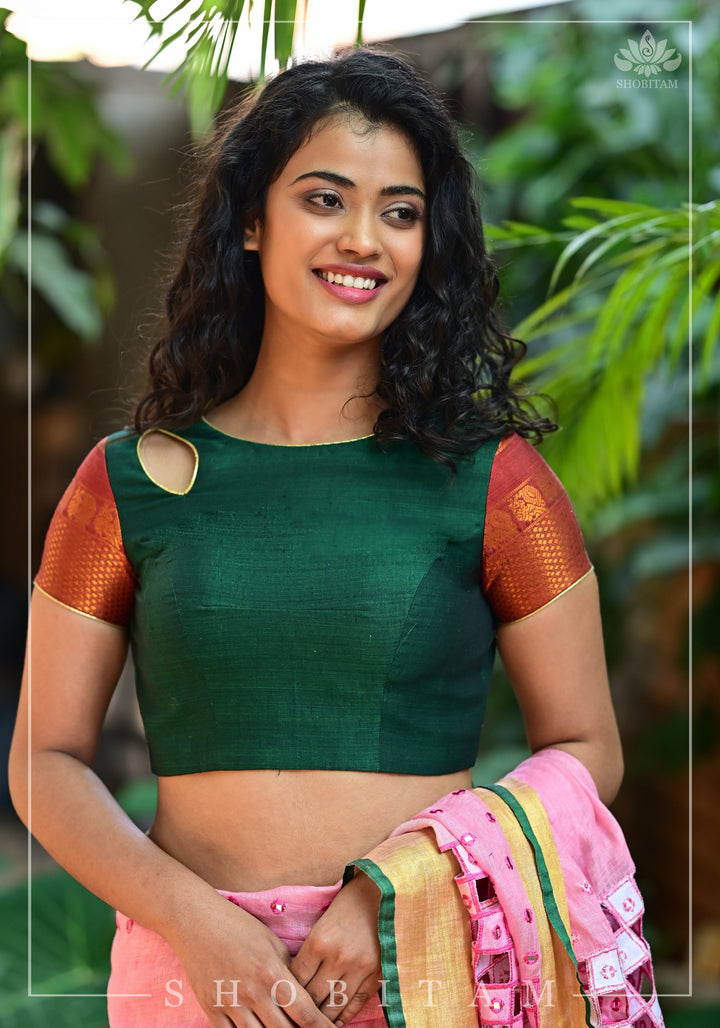 Forest green narayanpet cotton close neck cutout blouse with tie back