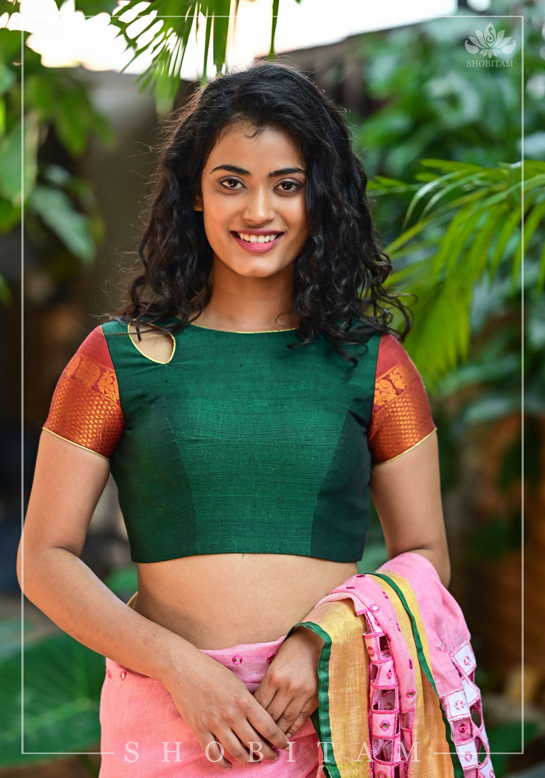 Forest green narayanpet cotton close neck cutout blouse with tie back