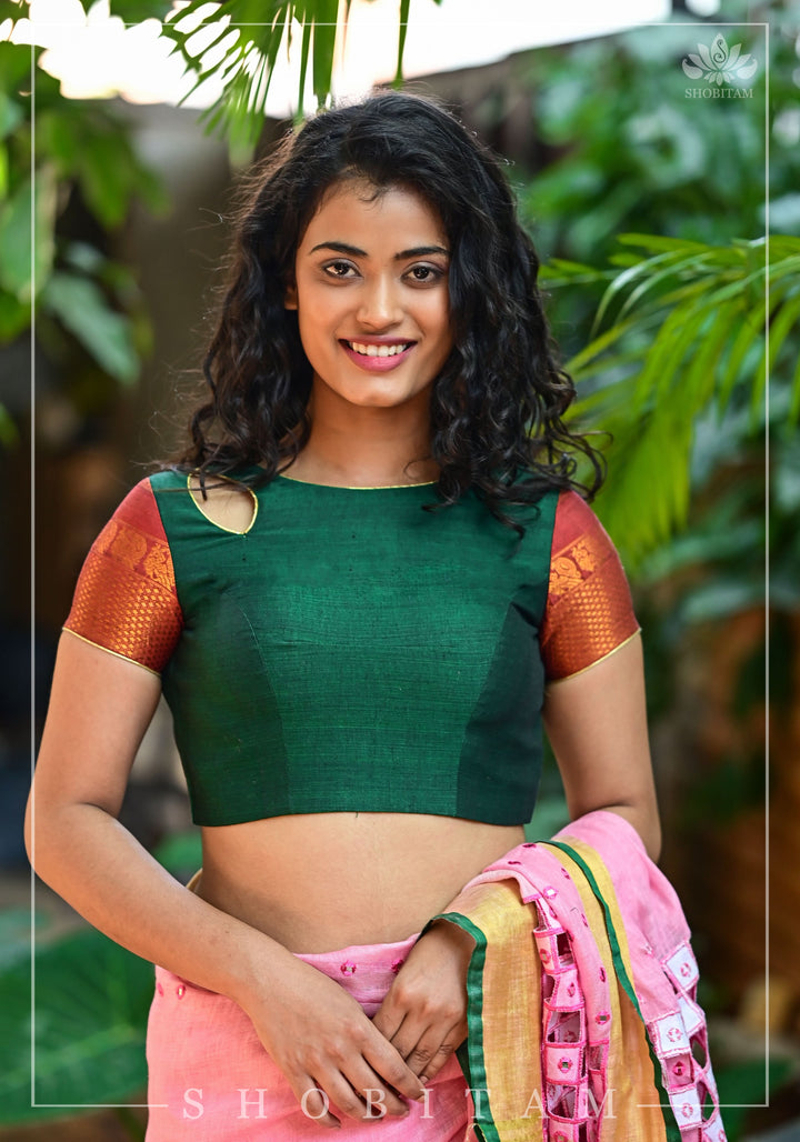 Forest green narayanpet cotton close neck cutout blouse with tie back