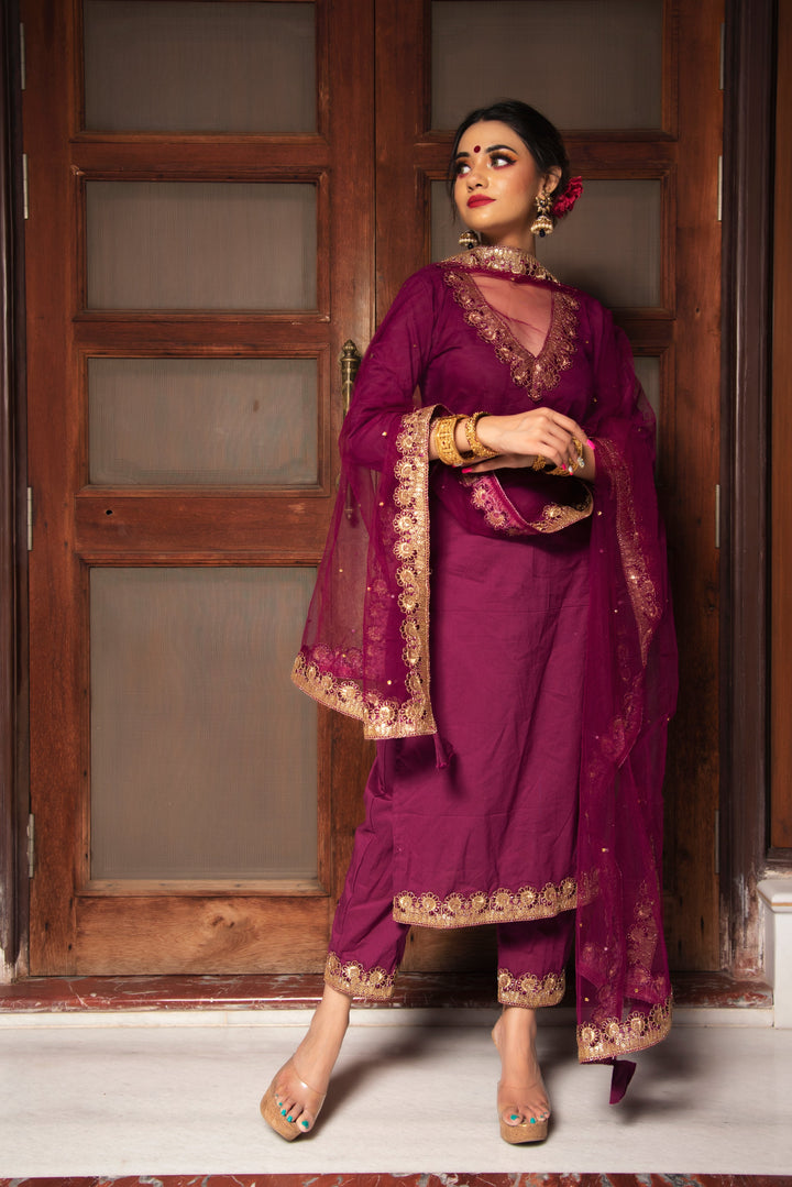 PLUM COTTON STRAIGHT KURTA SET | SHOBITAM