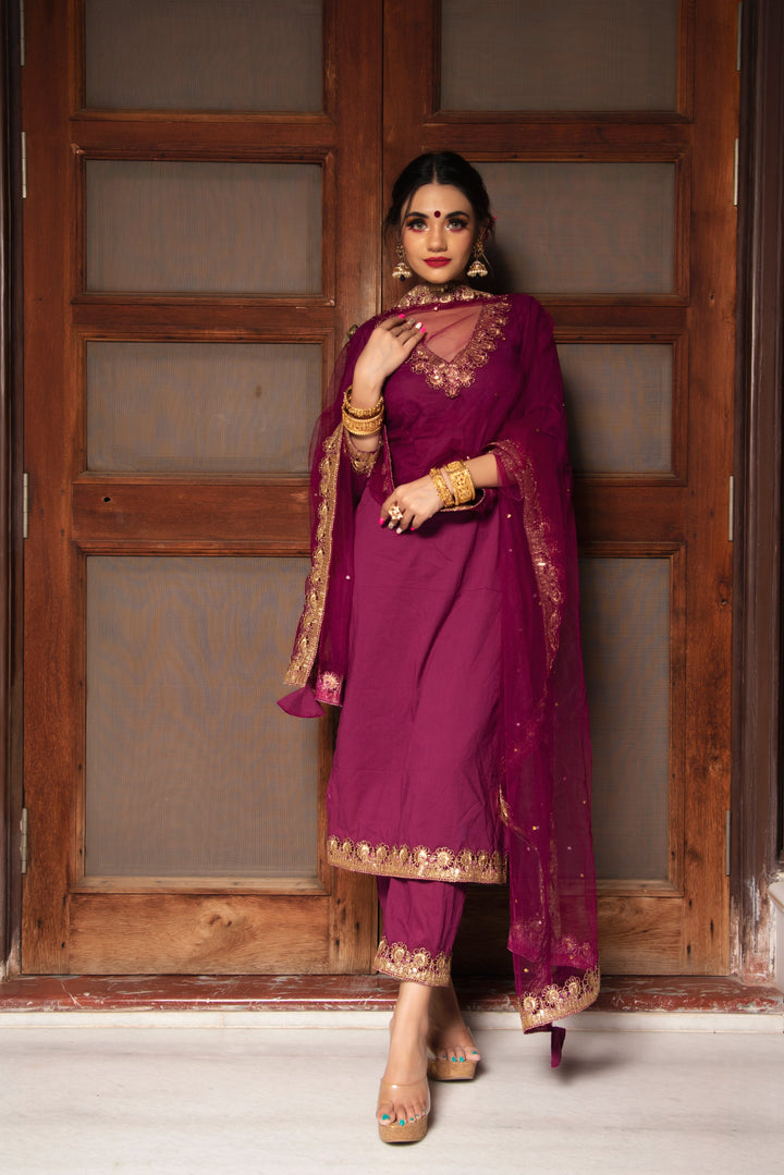 PLUM COTTON STRAIGHT KURTA SET | SHOBITAM