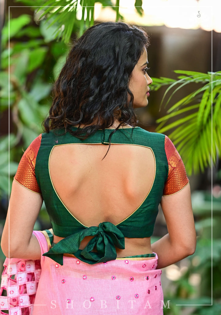 Forest green narayanpet cotton close neck cutout blouse with tie back