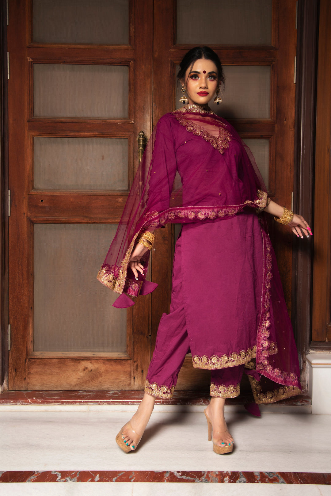 PLUM COTTON STRAIGHT KURTA SET | SHOBITAM