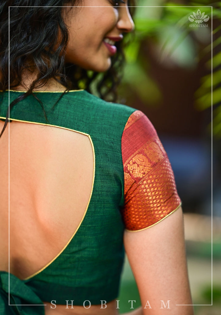 Forest green narayanpet cotton close neck cutout blouse with tie back