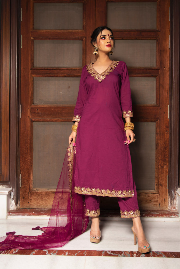 PLUM COTTON STRAIGHT KURTA SET | SHOBITAM