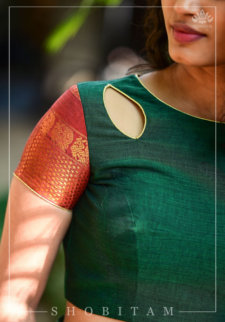 Forest green narayanpet cotton close neck cutout blouse with tie back