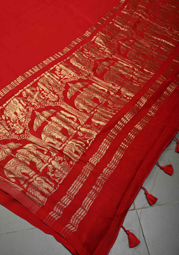 Blood Red Borderless Modal Silk Saree with Shikaargah Zari Pallu | SHOBITAM